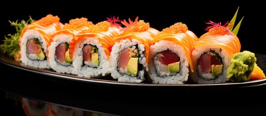 A plate filled with delicious sushi, including California rolls and salmon, placed on a sleek black background, creating a striking contrast.