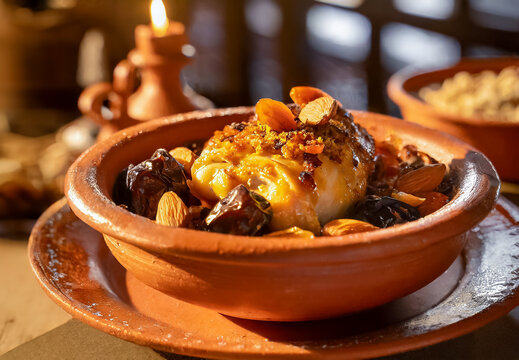 D&eacute;licieux Tajine poulet pruneaux et amendes, servit dans un plat traditionnel