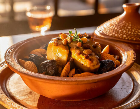 D&eacute;licieux Tajine poulet pruneaux et amendes, servit dans un plat traditionnel