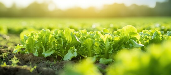 A field of green lettuce leaves is illuminated by the sun in the background, creating a bright and vibrant scene of nature.