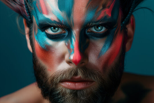 Close-up portrait of a man with artistic colourful makeup on, studio beauty shot