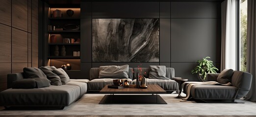 3d gray black modern living room interior with black furniture