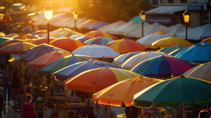 The warm glow of the setting sun illuminates the colorful umbrellas and bustling activity of the outdoor market a popular spot for locals and tourists alike. - obrazy, fototapety, plakaty