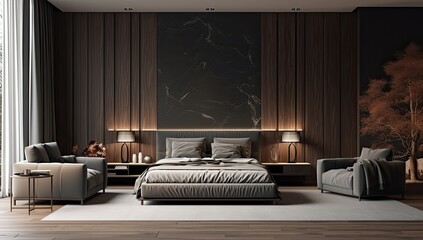 3d interior design bed room in gray with grey walls and wooden floors