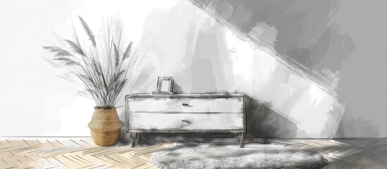 A detailed drawing of a modern room featuring a dresser with a horizontal poster, a rug on the parquet floor, and pampas grass in a wicker vase.