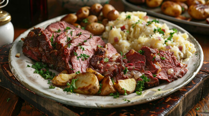 A mouthwatering plate of corned beef and cabbage served with a side of roasted potatoes all traditionally enjoyed on St. Patricks Day. - obrazy, fototapety, plakaty