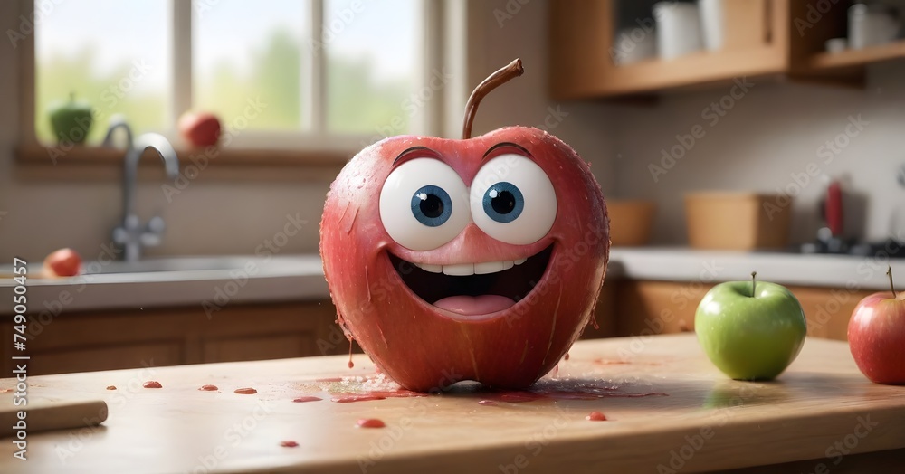 Poster a mischievous apple character is splattered with juice, creating a humorous and dynamic scene on a w