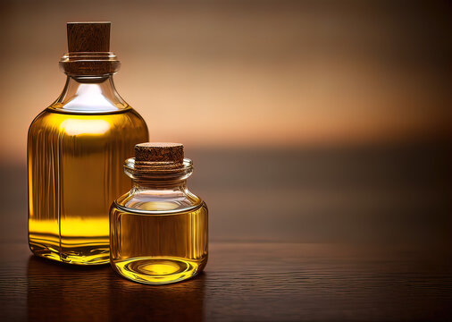 twi bottle of natural oil with wood background