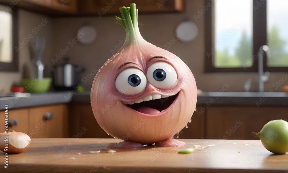 Poster a cheerful onion character with a big smile sits on a kitchen counter, bringing a playful twist to t