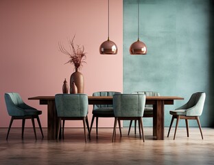 A 3d render of a minimalist modern dining room in pink and aquamarine colors