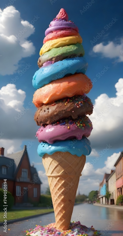 Poster a playful and whimsical ice cream cone with a smiling character face and colorful scoops. the cheerf