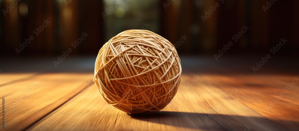 Poster a ball of yarn is placed on top of a wooden floor with a shallow depth of field. the textured surfac