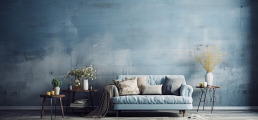 A blue living room with a table, coffee table and chair - obrazy, fototapety, plakaty