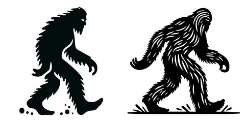 Legends in Stride: Two Bigfoot Silhouettes Strolling Through Mystery, A Captivating Illustration of Enigmatic Wilderness Encounters.