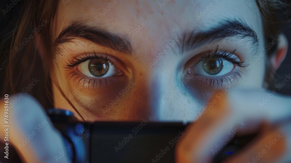 Aufkleber closeup of a persons face as they test out a game they have been developing. their brows are furrowe