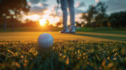 closeup of golf ball , golf player playing golf, green court blur background photo effect 