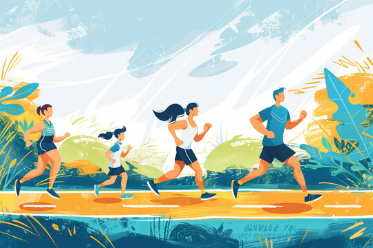 Group of adults jogging in an abstract colorful landscape, sunny day, AI-generated image.