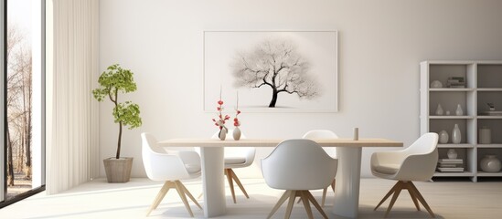 A contemporary dining room featuring a sleek table surrounded by white chairs. The setting is minimalistic and modern, with clean lines and a neutral color palette. The table is set with simple