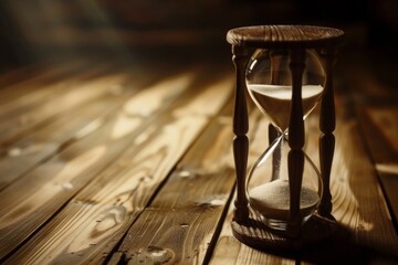 Hourglass on Wooden Table Signifying Passing Time - obrazy, fototapety, plakaty