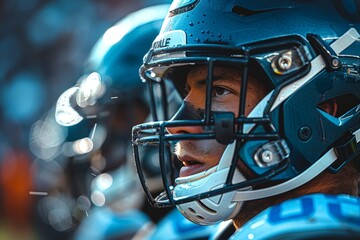 A detailed close-up of an American football player's helmet reflecting the lights and the intensity of the sport
