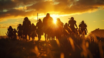 The sun sets behind a group of Maori warriors as they prepare for battle their shadows stretching long and their spirits ready to face any challenge that comes their way. - obrazy, fototapety, plakaty