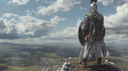 A cataphract warrior stands atop a hill surveying the battlefield with a strategic eye. - obrazy, fototapety, plakaty