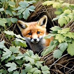 Red fox in the forest. A young fox cub peeking out from behind a bush with curious eyes, exploring the world around it like a child on an adventure. Generative AI.