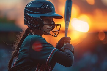 A female baseball player at sunset, focused and ready to hit the incoming ball