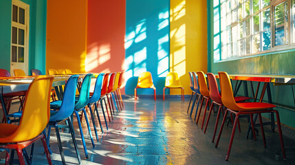 vibrant classroom with colorful chairs for kids and tables - obrazy, fototapety, plakaty