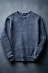 Indigo blank sweater without folds flat lay isolated on gray modern seamless background