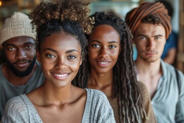 Group portrait of multiracial friends smiling and looking directly into the camera exuding warmth and connectivity