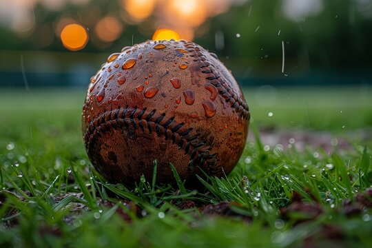 An old leather baseball with gleaming raindrops on it under a dusky, muted sunset giving a feel of timeless sports spirit