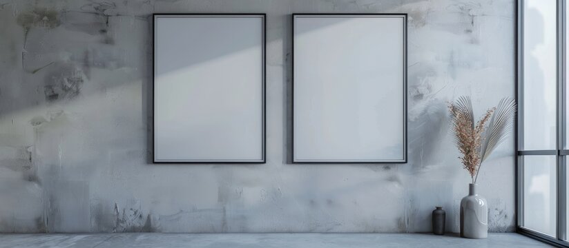Fototapeta Two empty rectangular frames hang on a grey concrete wall next to a window. The monochrome photography highlights the tints and shades in the room