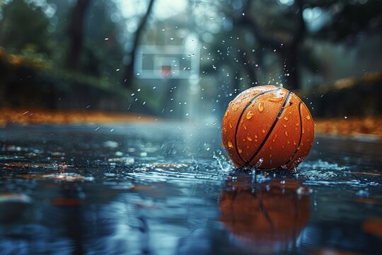 This dramatic image shows a basketball on a wet court as raindrops create dynamic splashes around it