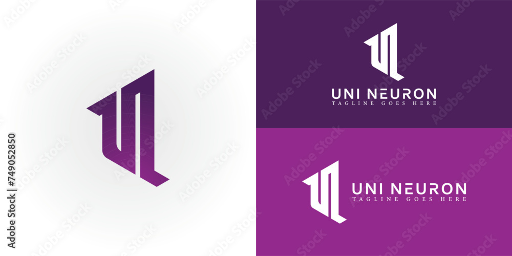 Poster abstract initial letter un or nu logo in violet color isolated in multiple background colors applied