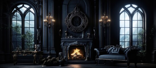 A living room in a castle with a fireplace situated in the center. The room also features a sofa, mirror, chandelier, and a window. - obrazy, fototapety, plakaty