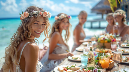 happy bridesmaid on beach side with flower hair accessories on head , beautiful beach view , sea side, destination wedding