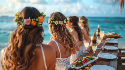 happy bridesmaid on beach side with flower hair accessories on head , beautiful beach view , sea side, destination wedding - obrazy, fototapety, plakaty