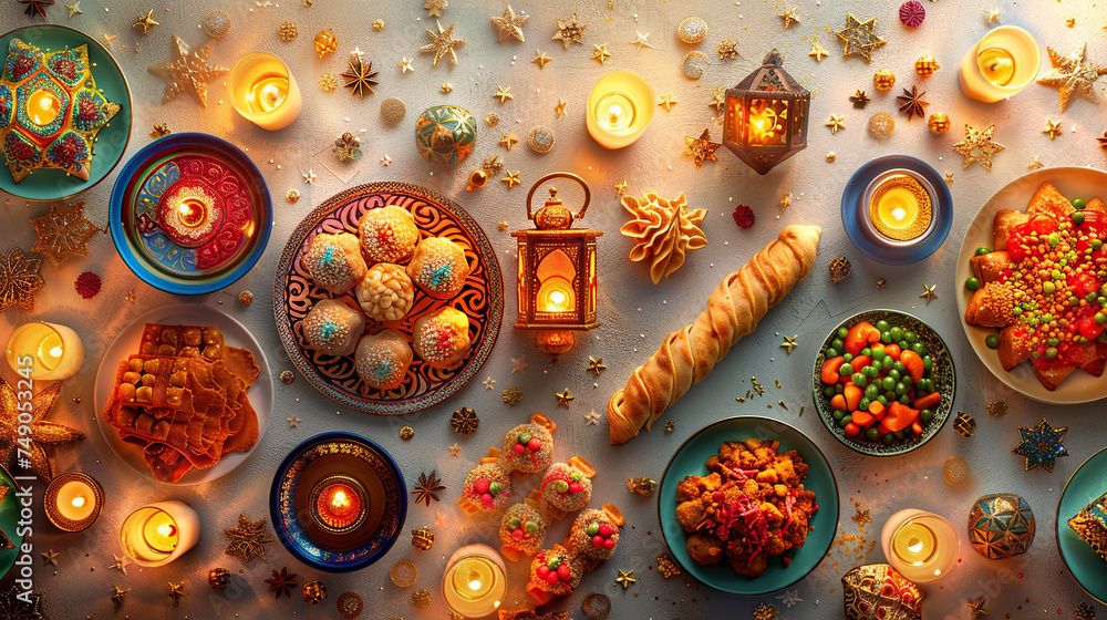 Wall mural iftar cuisines on table with lights during ramadan, ramadan kareem or eid muslim events of celebration