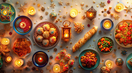 iftar cuisines on table with lights during ramadan, ramadan kareem or eid muslim events of celebration