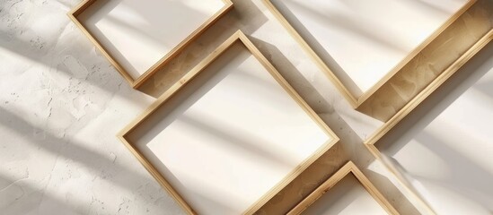 Three empty wooden frames are mounted on a white wall. Each frame is different in size and style, adding a simplistic touch to the rooms decor.