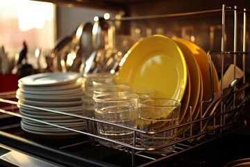 A clean and organized kitchen with dishes and silverware neatly arranged on a dish rack by the sink. Warm sunlight shines through the window, creating a cozy atmosphere. - obrazy, fototapety, plakaty