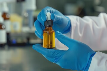 Person in lab coat holding bottle of medicine, likely cannabis oil for research purposes.