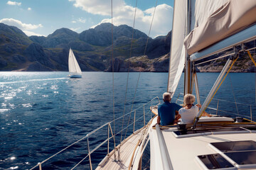 Senior couple enjoys the sea breeze while sitting on luxury sailboat deck.