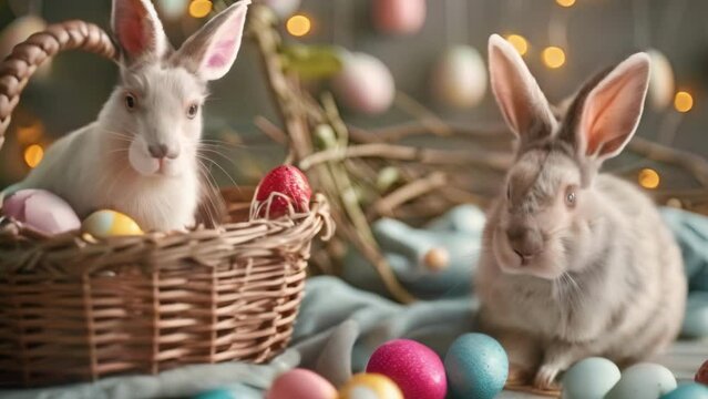 Two Rabbits Sitting in a Basket