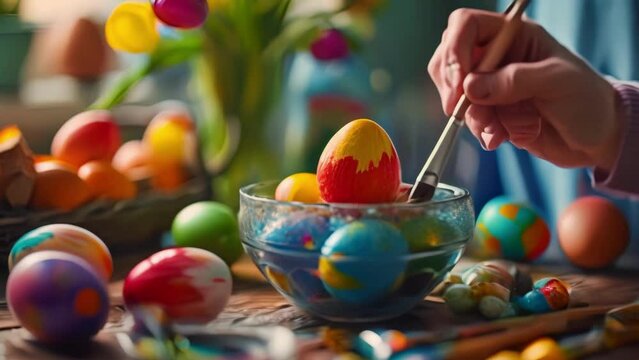 Person Painting Easter Eggs in a Bowl