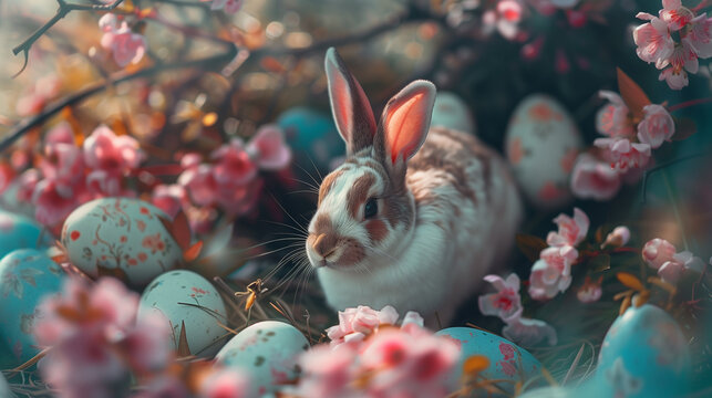 easter bunny in a easter nest with painted eggs
