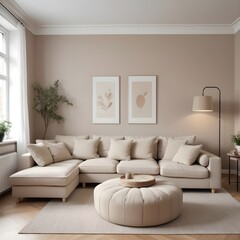 Elegant beige corner sofa and poufs in a traditional apartment. Modern living room interior design in the Scandinavian style