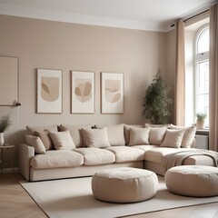 Elegant beige corner sofa and poufs in a traditional apartment. Modern living room interior design in the Scandinavian style