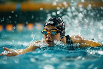 A man in a pool swimming with goggles on, focused and determined.